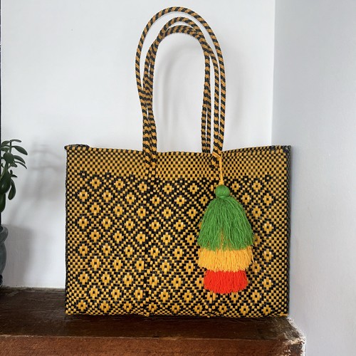Black Yellow Mexican Recycled Plastic Tote Bag with Tassel - photo 2