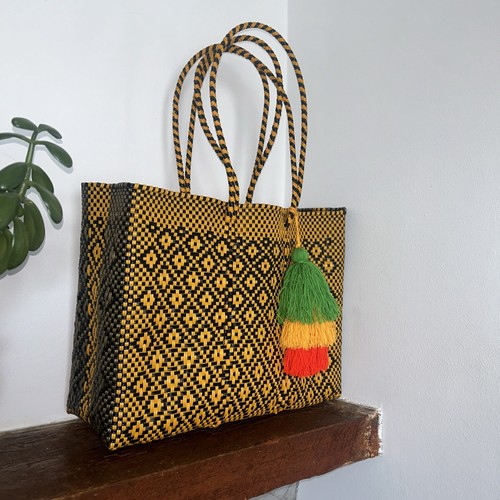 Black Yellow Mexican Recycled Plastic Tote Bag with Tassel - photo 3