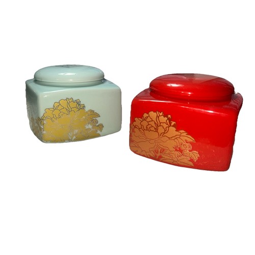 Set Of 2 Mint / Red Gold Flower Asian Ceramic Tea Canister