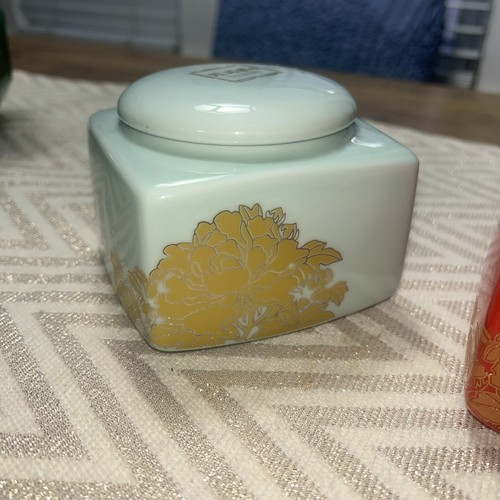 Set Of 2 Mint / Red Gold Flower Asian Ceramic Tea Canister - photo 2