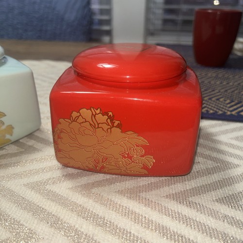 Set Of 2 Mint / Red Gold Flower Asian Ceramic Tea Canister - photo 3