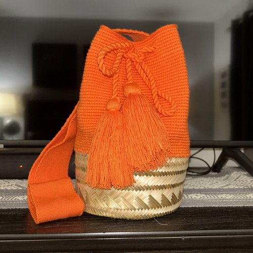 Authentic Wayuu Mochila Colombian Bag Orange Straw Mix