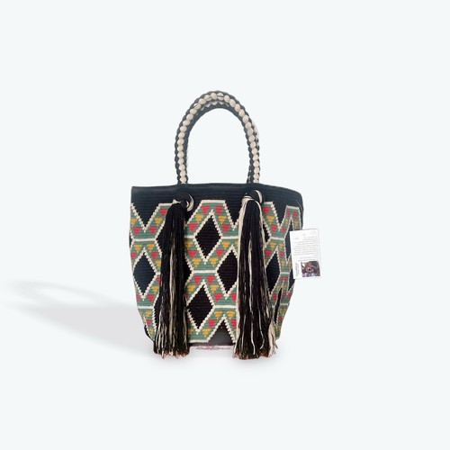 Authentic Wayuu Mochila Colombian Bag Large Black Multicolor