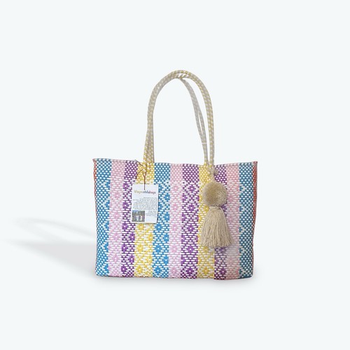 Multicolor Mexican Recycled Plastic Tote Bag with Pom Pom