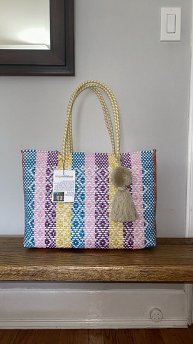 Multicolor Mexican Recycled Plastic Tote Bag with Pom Pom - photo 4