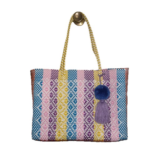Multicolor mexican recycled plastic tote bag With Pom Pom Charm