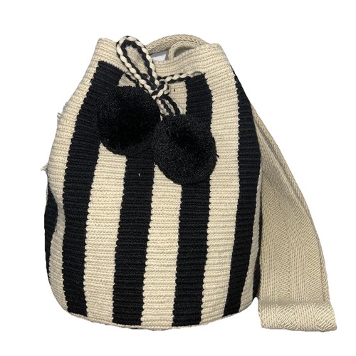 Authentic Wayuu Mochila Colombian Bag Large Striped Pom Pom