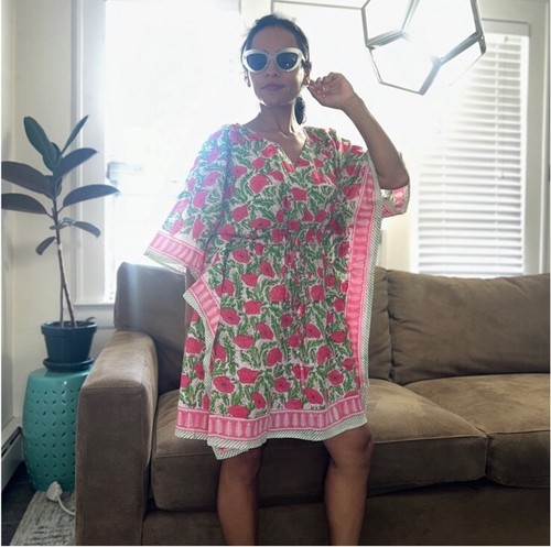 NWOT Floral hand Block Printed Long Kaftan Dress Pink White