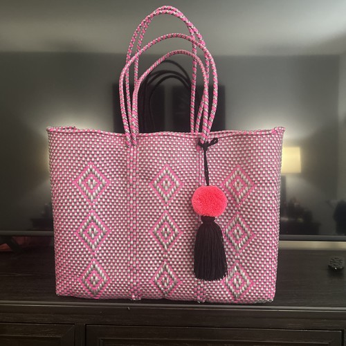 Magenta Silver Mexican Recycled Plastic Tote with Pom Pom
