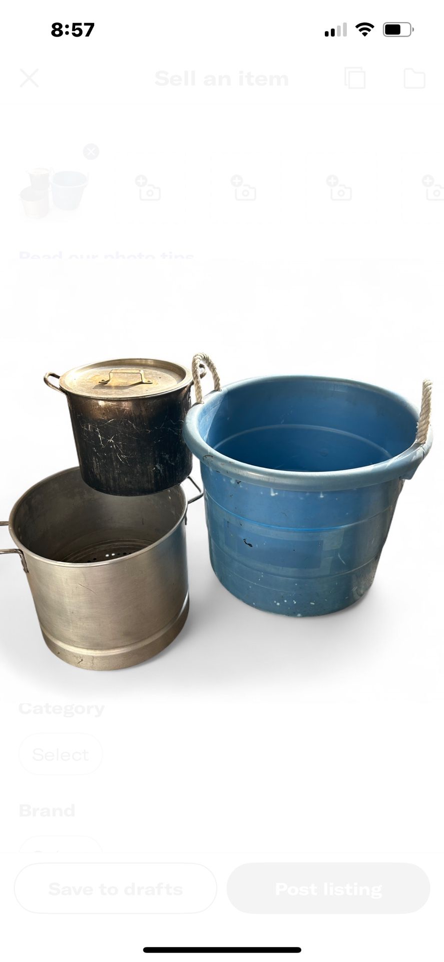Tamale pots, 2 large pots and 1 plastic container