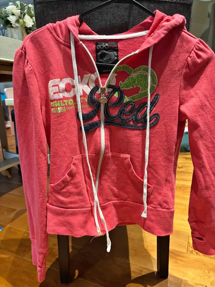 Vintage y2k eckōred Pink/Coral Rhinestone Graphic Full-Zip Hoodi