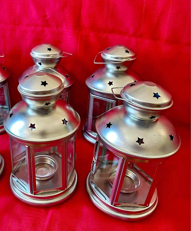 2 Silver Star-Cutout Tea Light Candle Lanterns