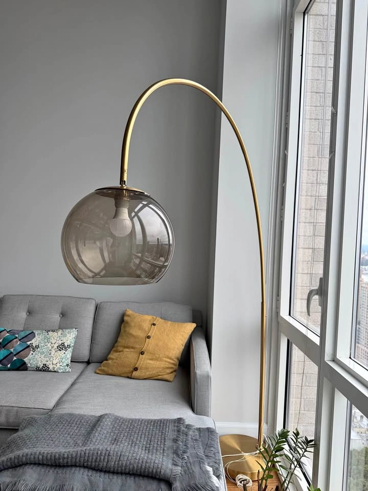 West Elm Overarching Brass Floor Lamp with Smoke Globe Shade