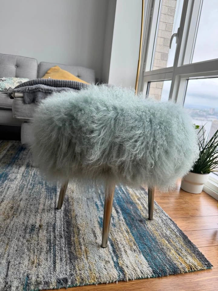 West Elm Mongolian Faux Fur Stool / Ottoman – Acqua grey