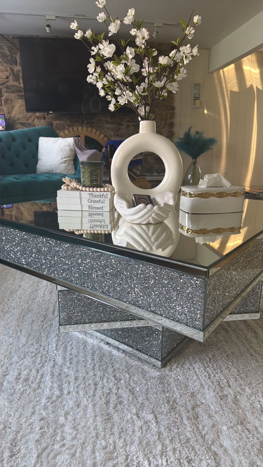 Modern Mirrored Glass Coffee Table with Crushed Crystal Accent