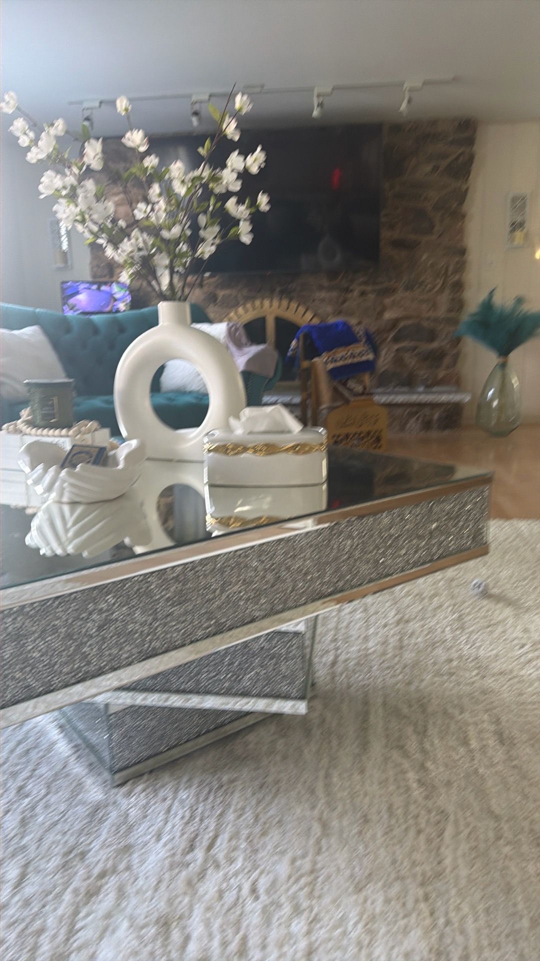 Modern Mirrored Glass Coffee Table with Crushed Crystal Accent - photo 2