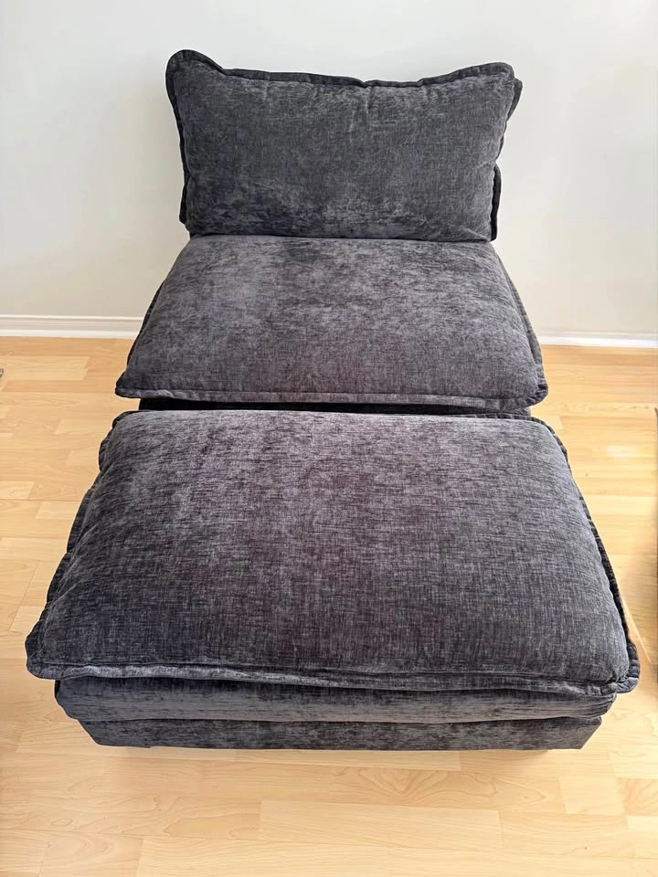 NEW Plush Accent Chair + Ottoman Set – Charcoal Chenille