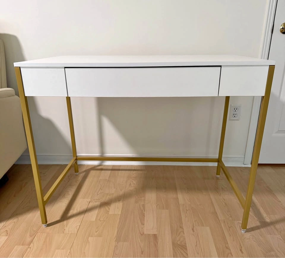 Modern White Desk with Drawer – Gold Metal Frame