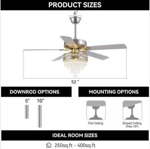 52 in. Crystal Chandelier Ceiling Fan with Lights - photo 3