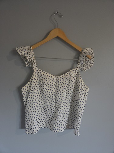 H&M blue and white polka dot camisole with ruffle straps
