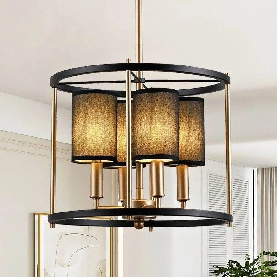 Modern 4-Light Drum Chandelier - Black and Gold