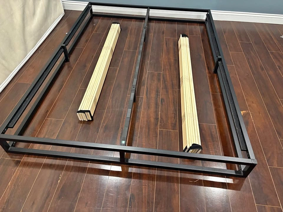 Black Metal Queen Bed Frame with Wooden Slats