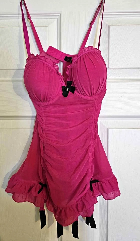La Senza Hot Pink & Black Ruched Chemise with Garters - Size S