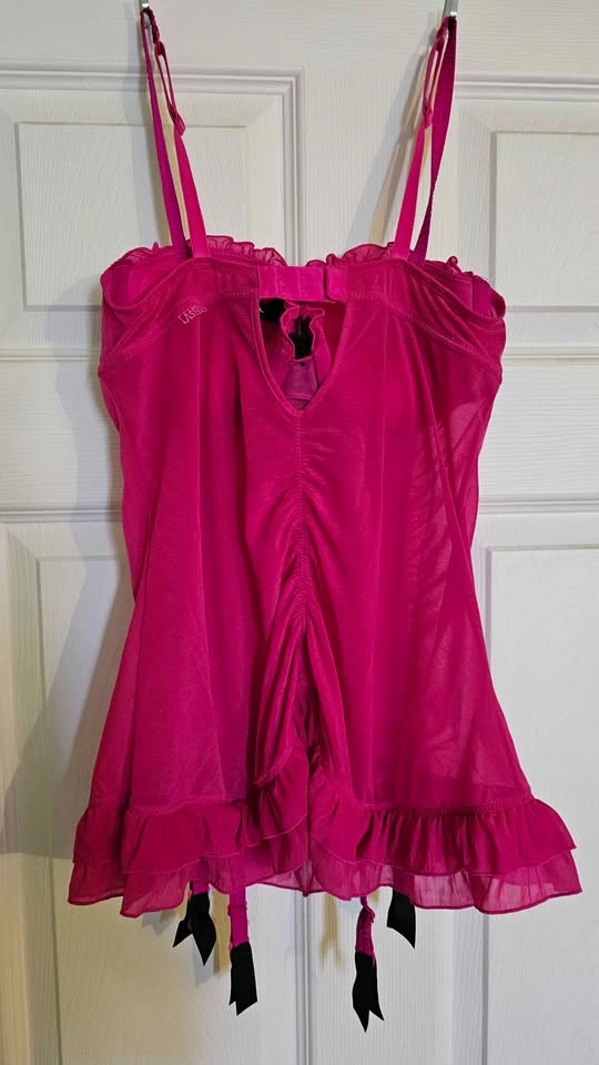 La Senza Hot Pink & Black Ruched Chemise with Garters - Size S - photo 2