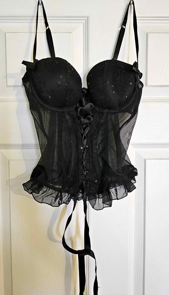 La Senza Black Lace-Up Mesh Corset Bustier - Size M