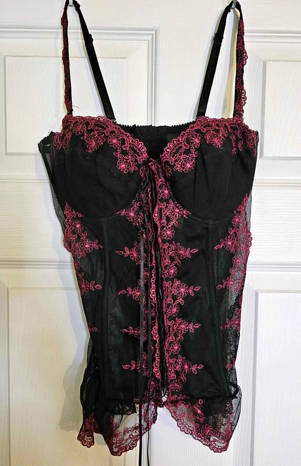 La Vie en Rose Black & Hot Pink Lace Embroidered Corset - 34C