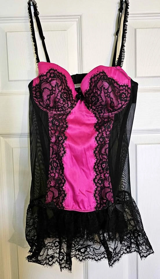 La Senza Hot Pink & Black Eyelash Lace Babydoll Corset - Size M