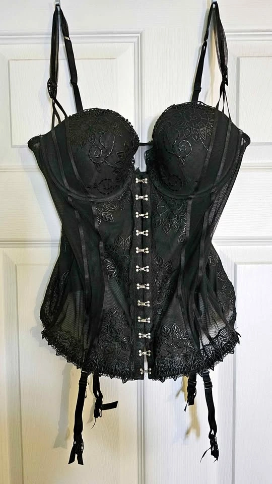 Luna Italy Luxury Embroidered Black Garter Corset Bustier - 34C