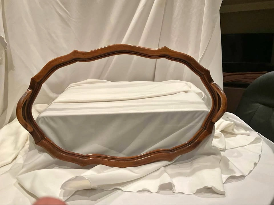 Vintage Wood Scalloped Edge Tray Glass With Raised Handles