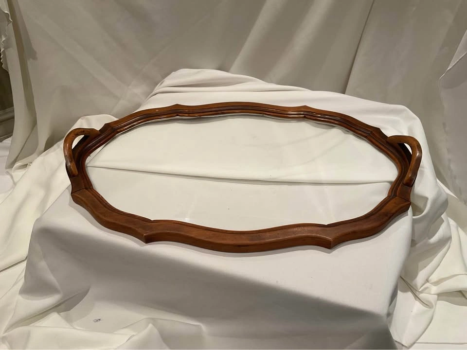 Vintage Wood Scalloped Edge Tray Glass With Raised Handles - photo 2