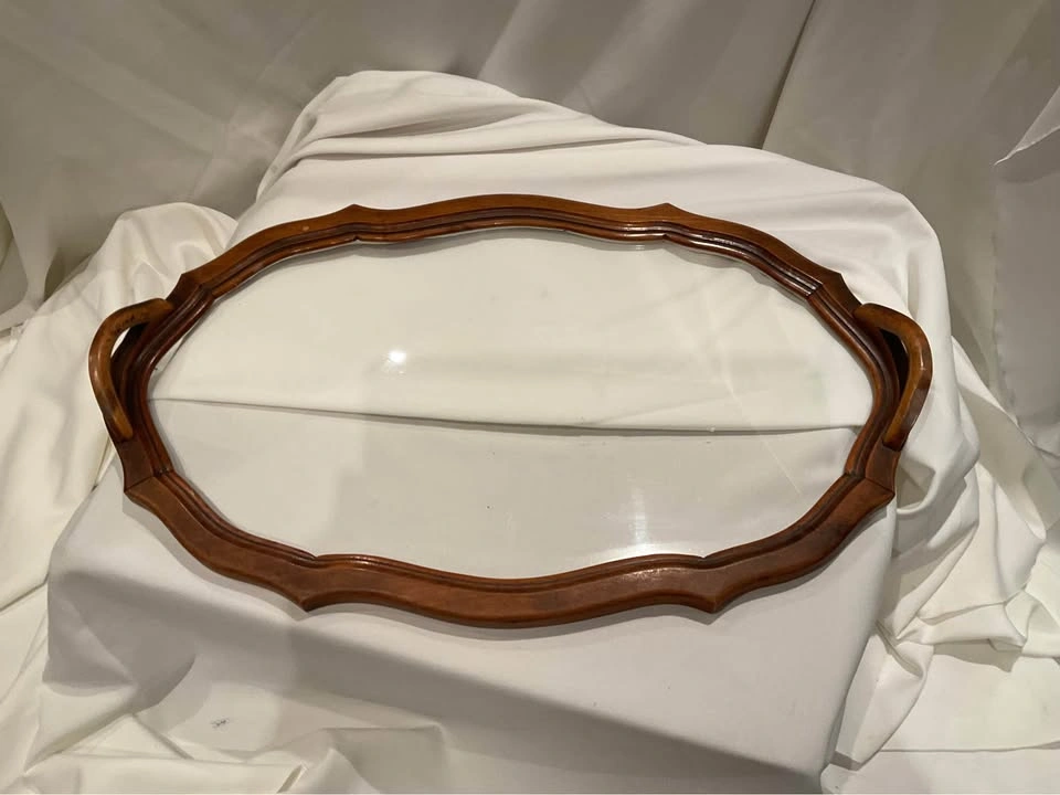 Vintage Wood Scalloped Edge Tray Glass With Raised Handles - photo 3