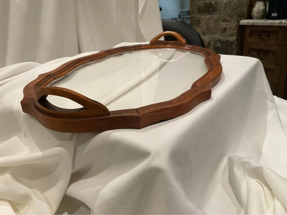 Vintage Wood Scalloped Edge Tray Glass With Raised Handles - photo 4