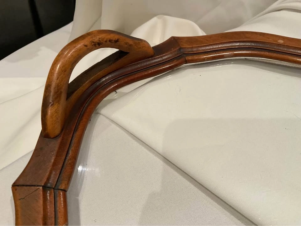 Vintage Wood Scalloped Edge Tray Glass With Raised Handles - photo 5