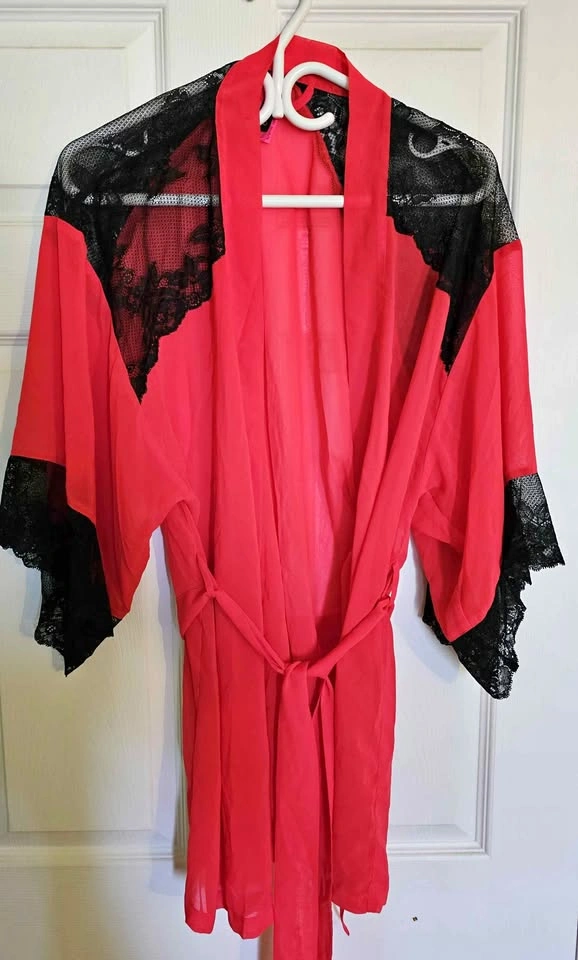 La Senza Red & Black Lace Sheer Kimono Robe - Size S/M