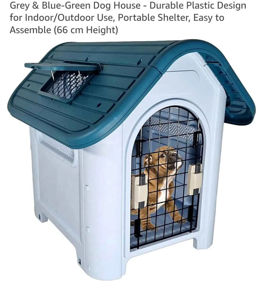 Grey & Blue-Green Dog House - Durable Plastic (66 cm Height)