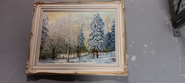 Framed winter painting, original oil on canvas