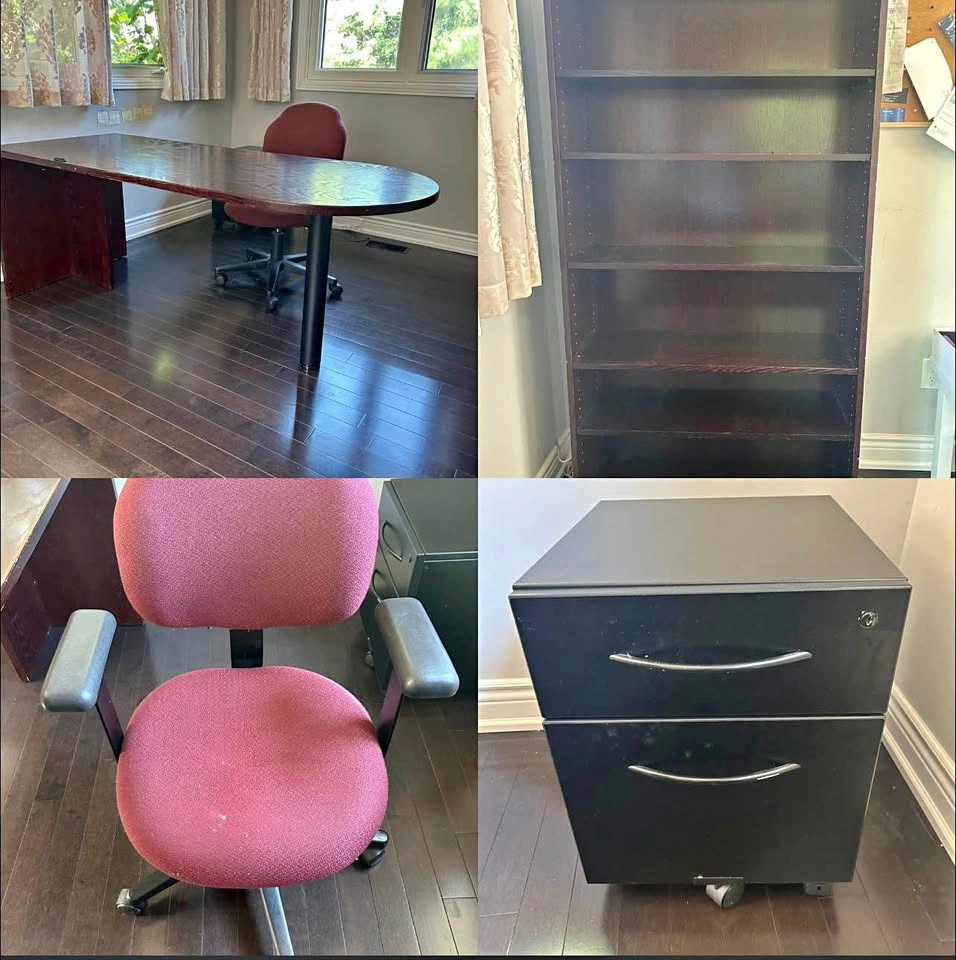 Dark Wood Office Desk, Chair, 6-Tier Bookshelf & Cabinet