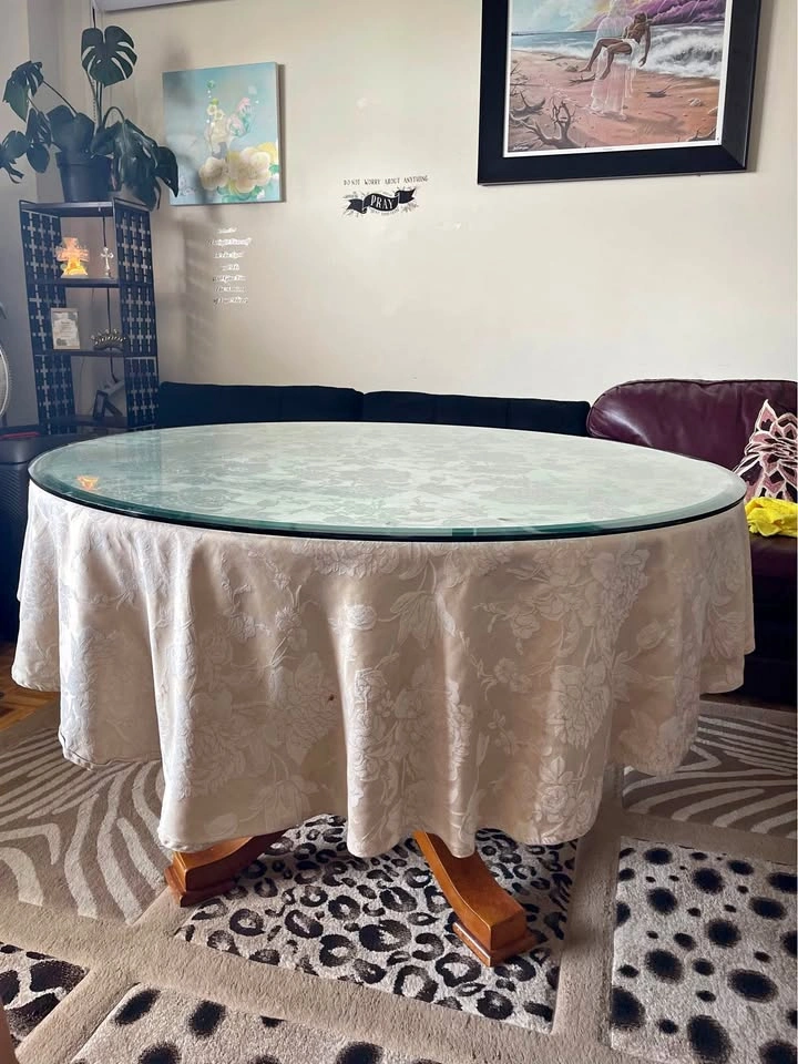 Round Wood Pedestal Dining Table with Glass Top