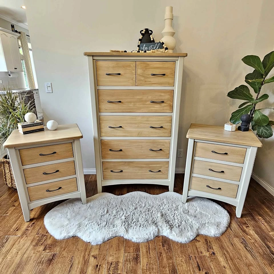 Refinished Solid Maple Bedroom set: Dresser and 2 Nightstands
