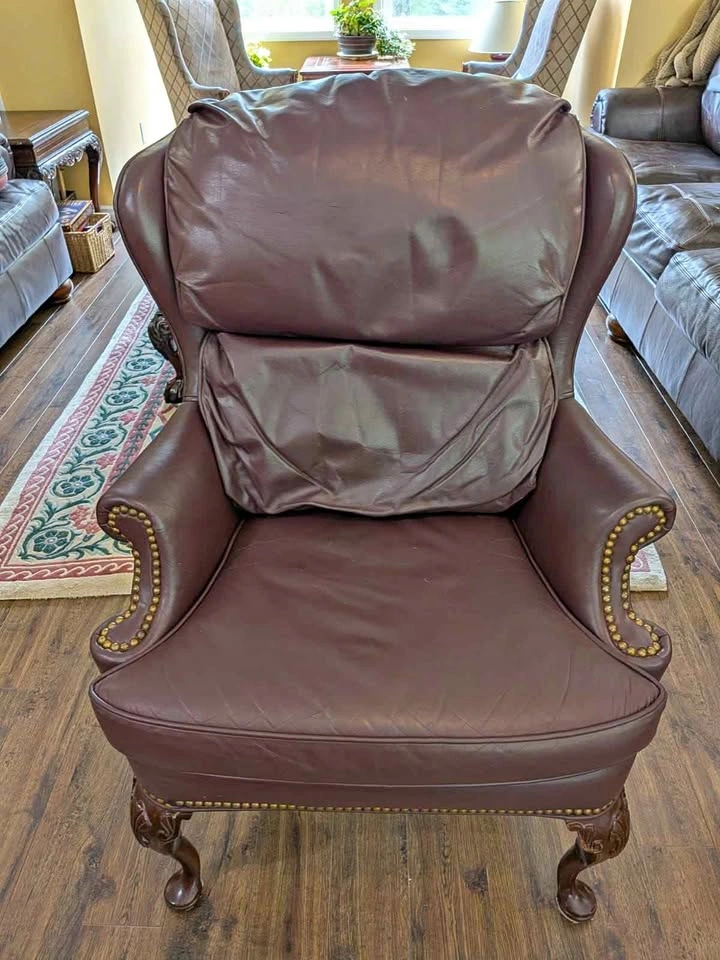 Burgundy Leather Wingback Armchair with Nailhead Trim