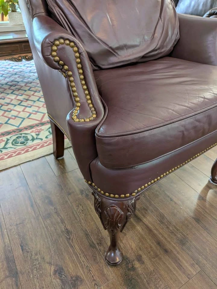 Burgundy Leather Wingback Armchair with Nailhead Trim - photo 2