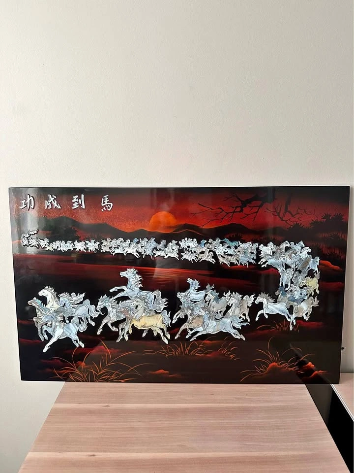 Vintage Chinese Mother of Pearl Lacquer Horse Art Panels