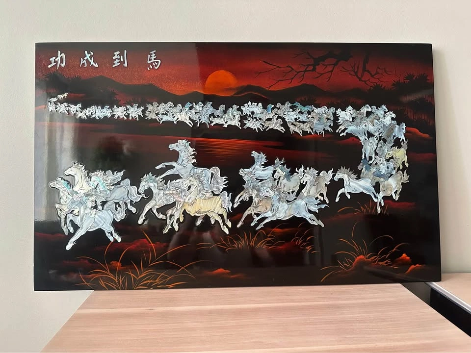 Vintage Chinese Mother of Pearl Lacquer Horse Art Panels - photo 2