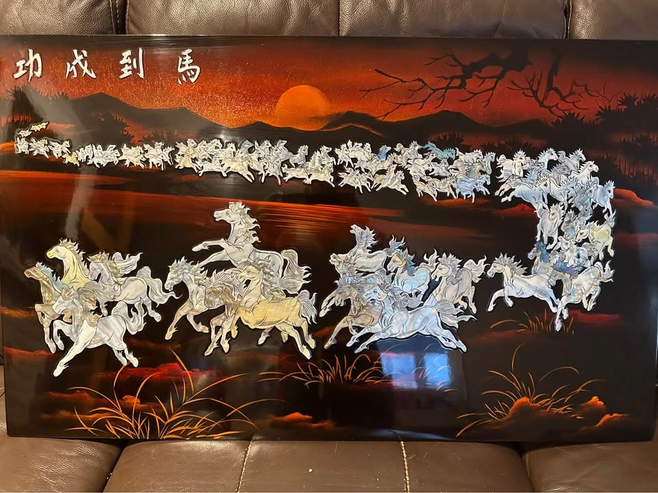 Vintage Chinese Mother of Pearl Lacquer Horse Art Panels - photo 3