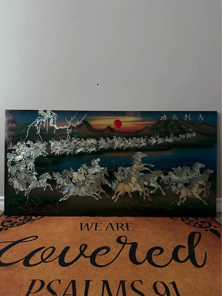 Vintage Chinese Mother of Pearl Lacquer Horse Art Panels - photo 4