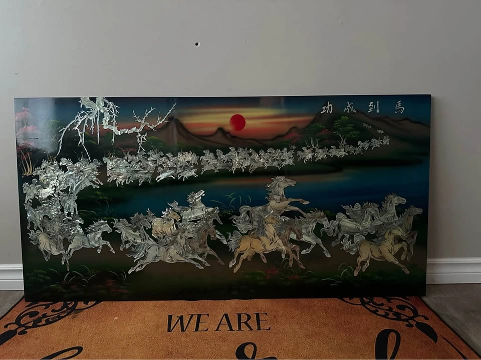 Vintage Chinese Mother of Pearl Lacquer Horse Art Panels - photo 5